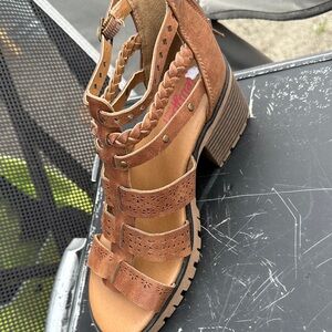 Jellypop Brown Braided Strappy Block Heel Sandals